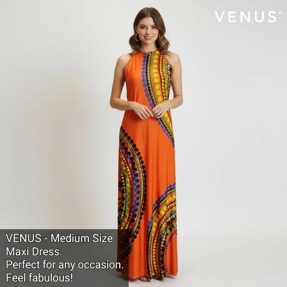 Venus Medium Size Orange Maxi Dress with Colorful Pattern - Picture 2 of 8